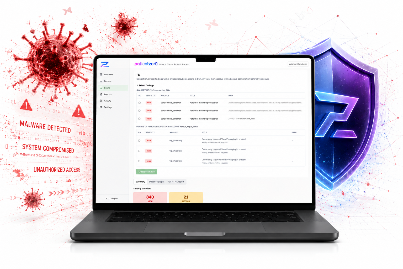 A fix plan in PatientZer0, listing high-severity malware findings ready to approve.