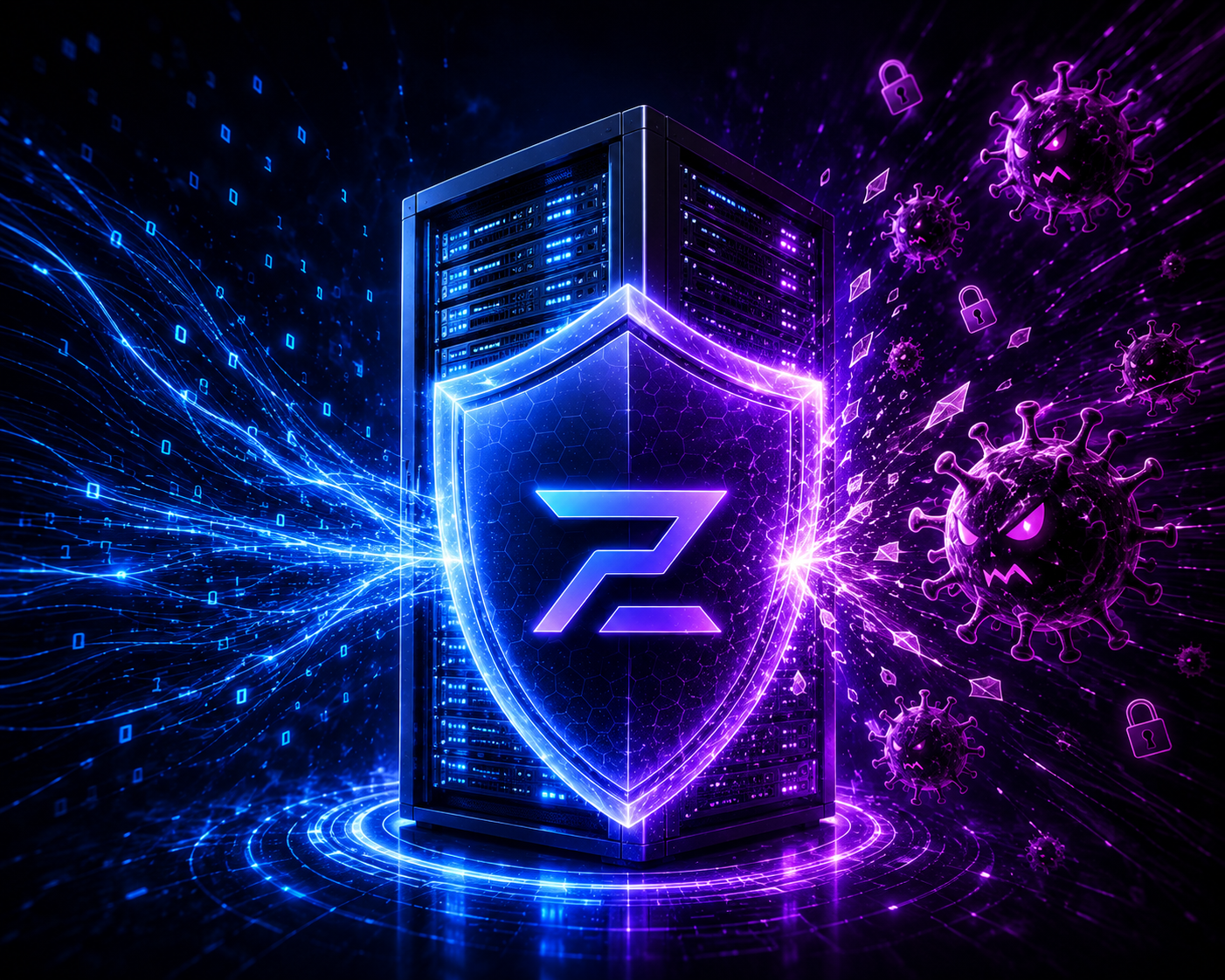 A shield guarding a server rack, holding back malware from the client sites hosted on it.